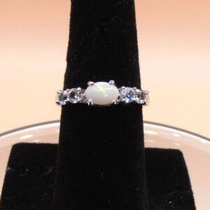 Sterling Silver Plated Oval Opal with Cubic Zirconia Accents Ring - Sz. 4